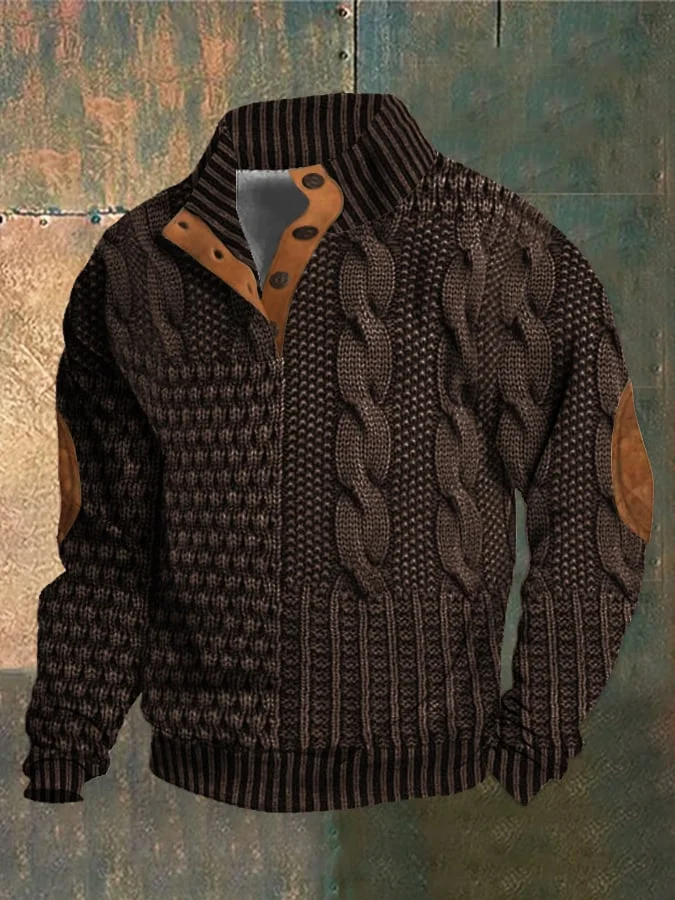Giacca in maglia marrone scuro con motivo a trecce, dettagli in pelle scamosciata sui gomiti, chiusura a bottoni, ideale per moda autunno-inverno.