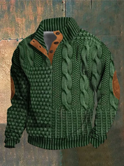 Giacca in maglia verde con motivo a trecce, colletto alto, dettagli in pelle marrone, design elegante e caldo, ideale per moda autunnale e invernale.