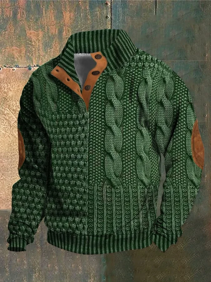 Giacca in maglia verde con motivo a trecce, colletto alto, dettagli in pelle marrone, design elegante e caldo, ideale per moda autunnale e invernale.