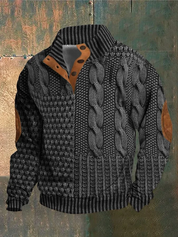 Giacca invernale uomo, maglia intrecciata grigia, dettagli in pelle marrone, design patchwork, moda casual, calda e confortevole.