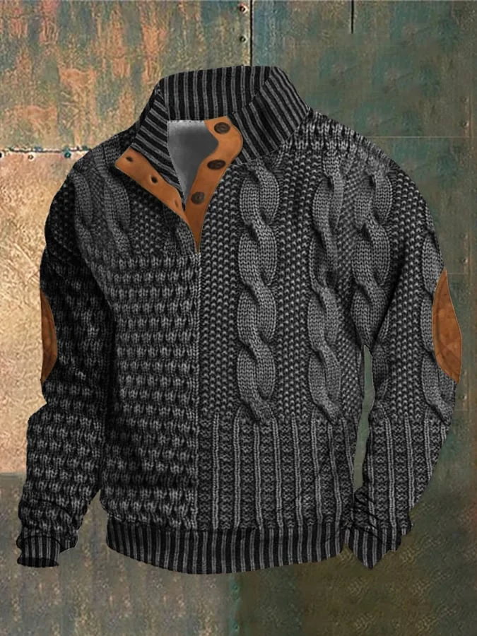 Giacca invernale uomo, maglia intrecciata grigia, dettagli in pelle marrone, design patchwork, moda casual, calda e confortevole.