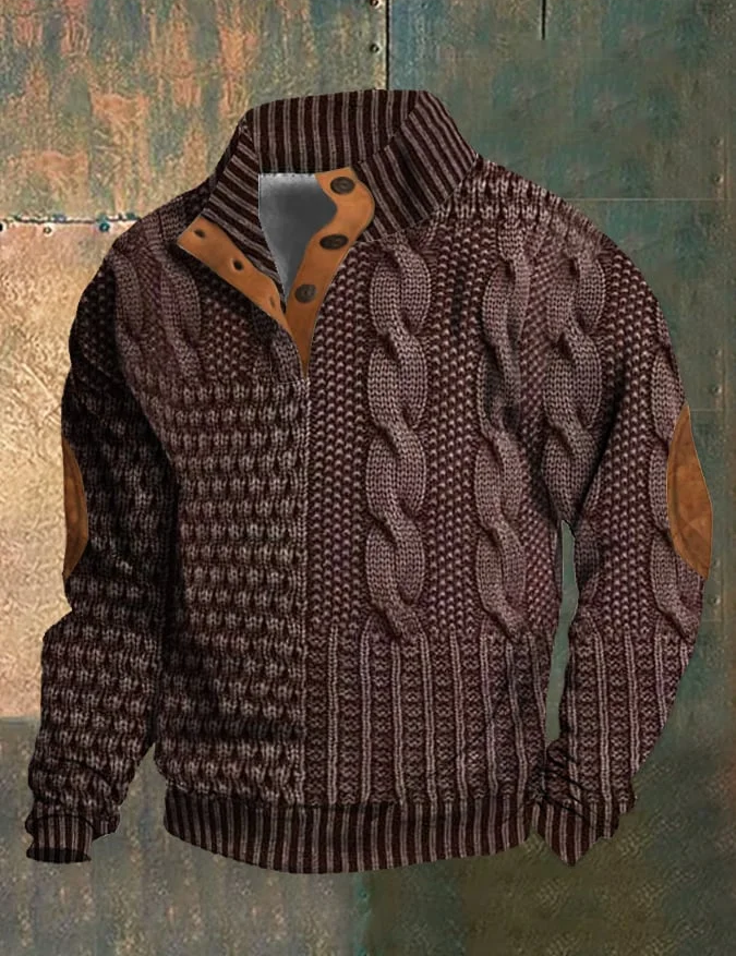Giacca in maglia marrone con motivo a trecce, dettagli in pelle scamosciata, chiusura a bottoni, ideale per moda autunno-inverno uomo.