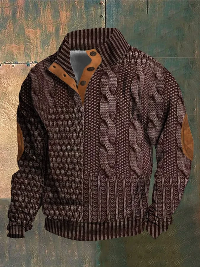 Giacca in maglia marrone con motivo a trecce, dettagli in pelle scamosciata, chiusura a bottoni, ideale per moda autunno-inverno uomo.