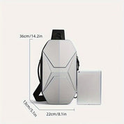 Zaino antifurto grigio, design geometrico, dimensioni 36x22x13 cm, con tasca per tablet. Ideale per viaggi e lavoro, stile moderno e sicuro.