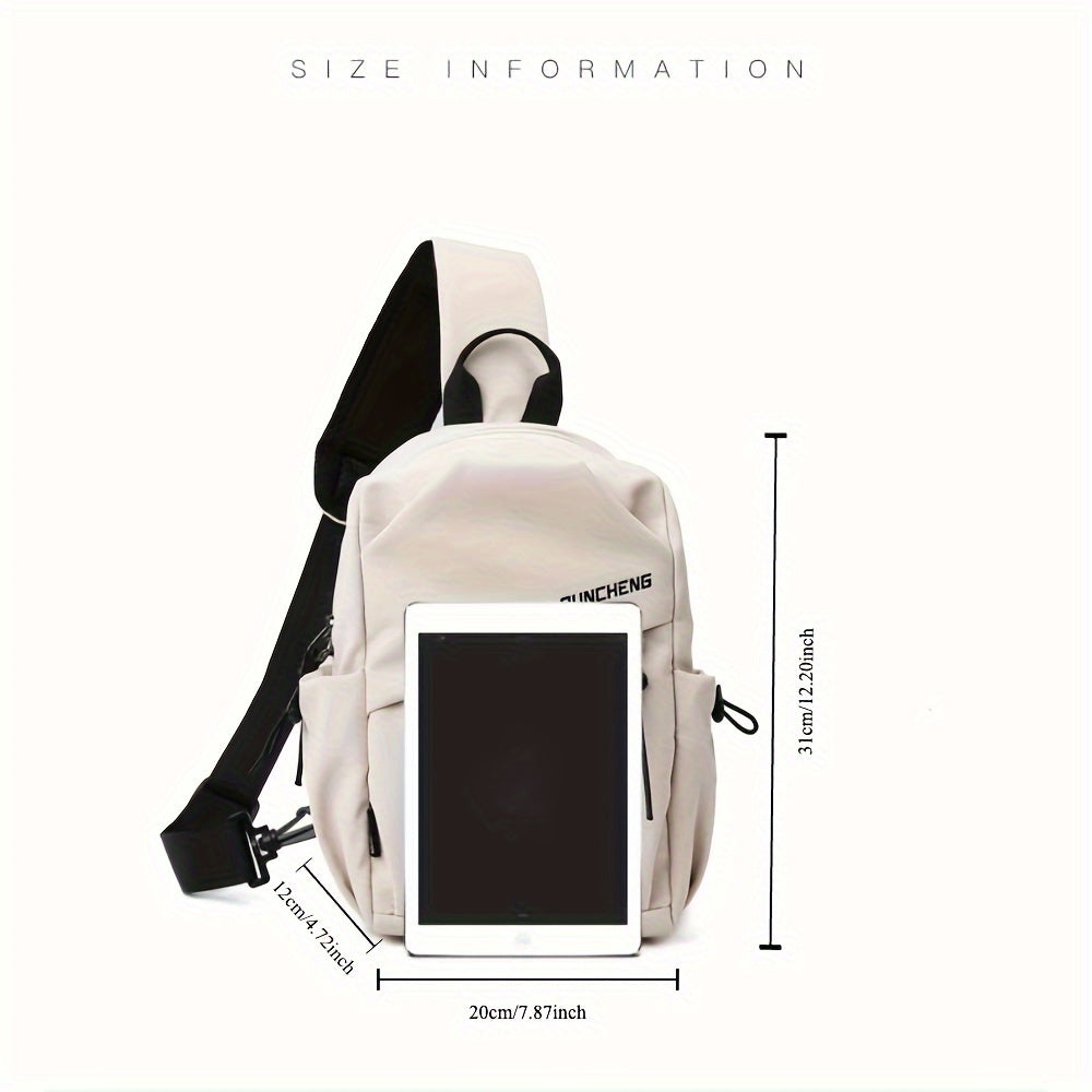 Zaino beige con tasche multiple, dimensioni 31x20x12 cm, adatto per tablet 8 pollici. Design moderno, ideale per scuola e lavoro.