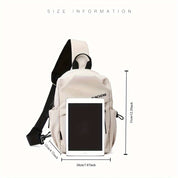 Zaino beige con tasche multiple, dimensioni 31x20x12 cm, adatto per tablet 8 pollici. Design moderno, ideale per scuola e lavoro.