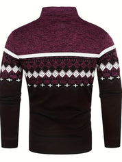 Maglione uomo invernale, collo alto, motivo geometrico, colori bordeaux e nero, stile casual, ideale per moda autunno-inverno.