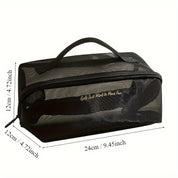 Borsa da toilette nera in rete, dimensioni 24x12x12 cm, con manico e scritta "Girls Just Want to Have Fun". Ideale per viaggi e organizzazione.