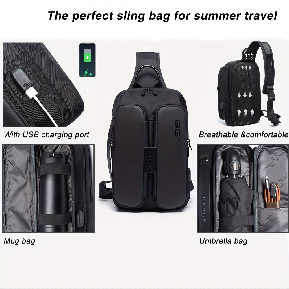 Zaino a tracolla nero per viaggi estivi, con porta USB, tasca per borraccia, scomparto per ombrello, design traspirante e confortevole.
