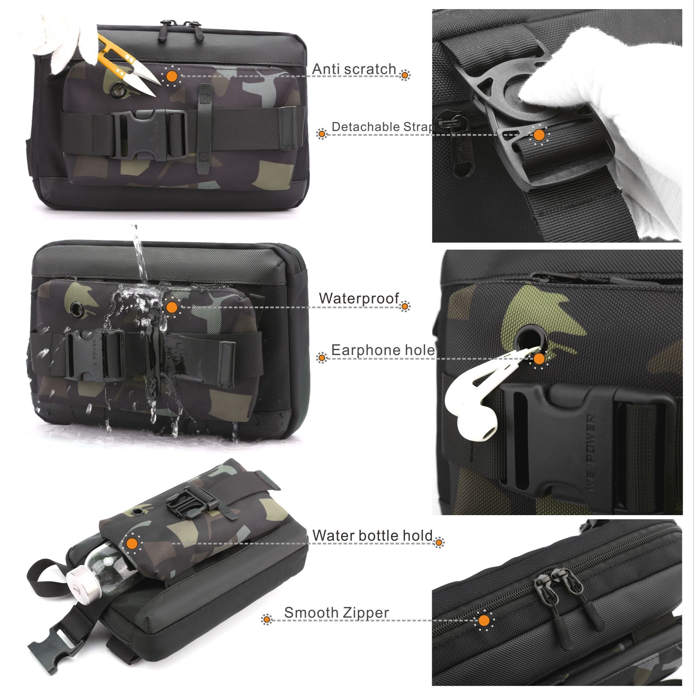 Borsa a tracolla mimetica impermeabile con foro per auricolari, cerniera liscia, tasca per bottiglia, resistente ai graffi, tracolla staccabile.