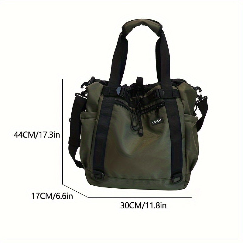 Borsa a tracolla verde militare, dimensioni 44x30x17 cm, con manici neri e tasche laterali. Ideale per viaggi e uso quotidiano.