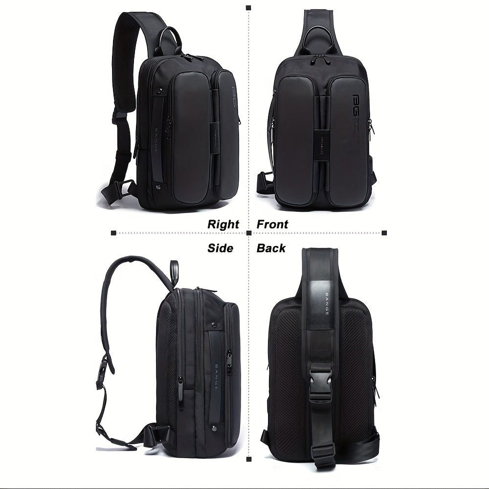 Zaino nero multifunzione in pelle, vista frontale, laterale e posteriore. Design moderno, tasche multiple, ideale per lavoro e viaggio.