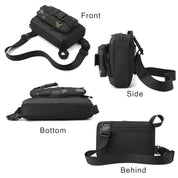 Borsa a tracolla nera multifunzionale, vista frontale, laterale, inferiore e posteriore. Design compatto, ideale per viaggi e uso quotidiano.
