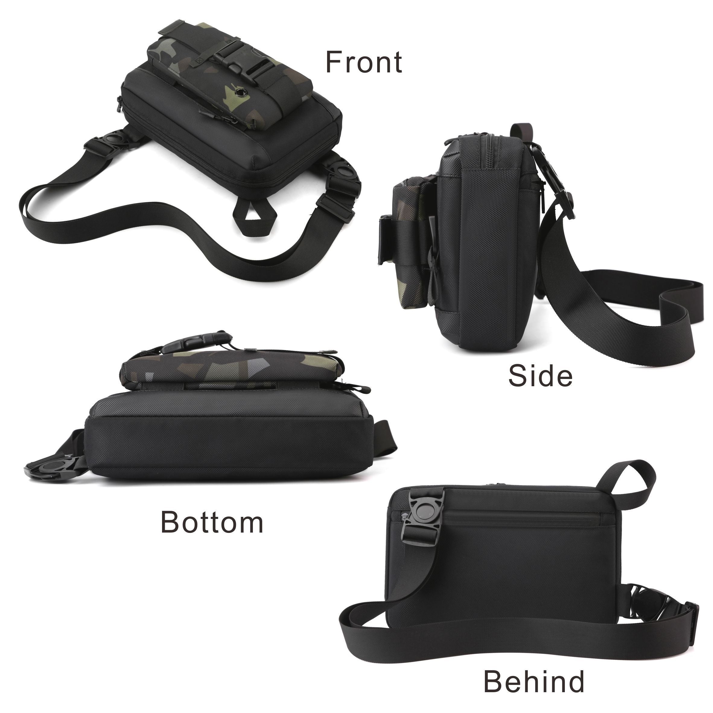 Borsa a tracolla nera multifunzionale, vista frontale, laterale, inferiore e posteriore. Design compatto, ideale per viaggi e uso quotidiano.