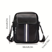 Borsa a tracolla uomo in pelle nera con strisce decorative, dimensioni 21x16x7 cm. Elegante e pratica per uso quotidiano.