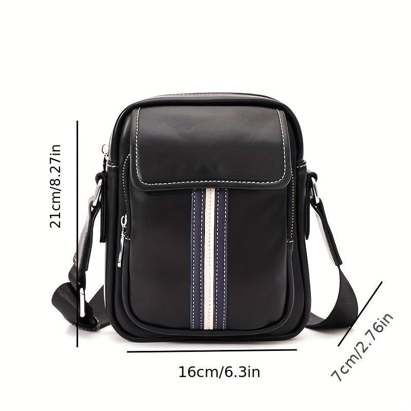 Borsa a tracolla uomo in pelle nera con strisce decorative, dimensioni 21x16x7 cm. Elegante e pratica per uso quotidiano.