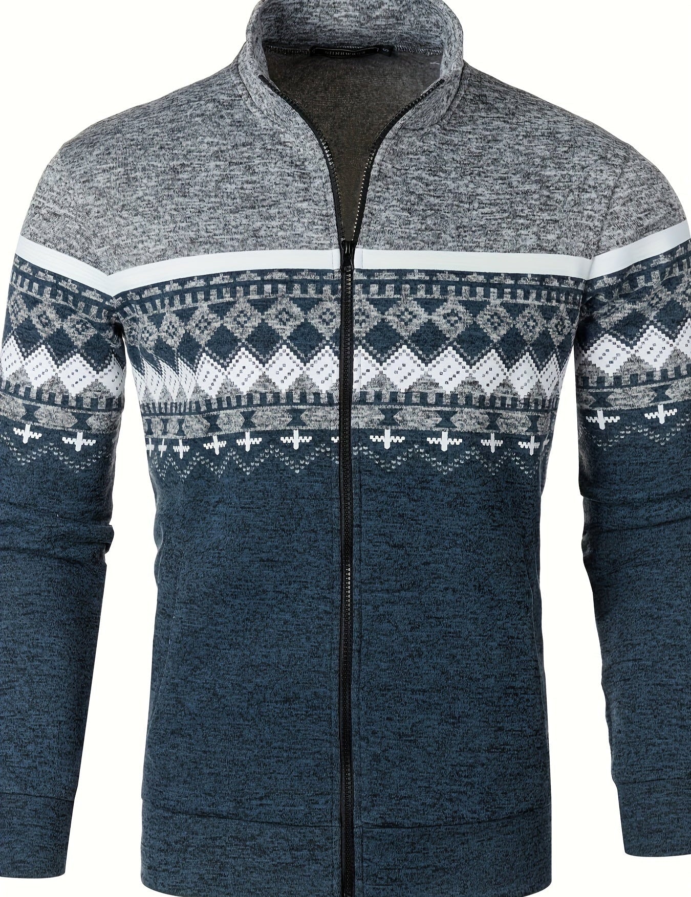 Giacca invernale uomo, zip frontale, motivo nordico, colori grigio e blu, tessuto caldo e morbido, ideale per moda casual e outdoor.