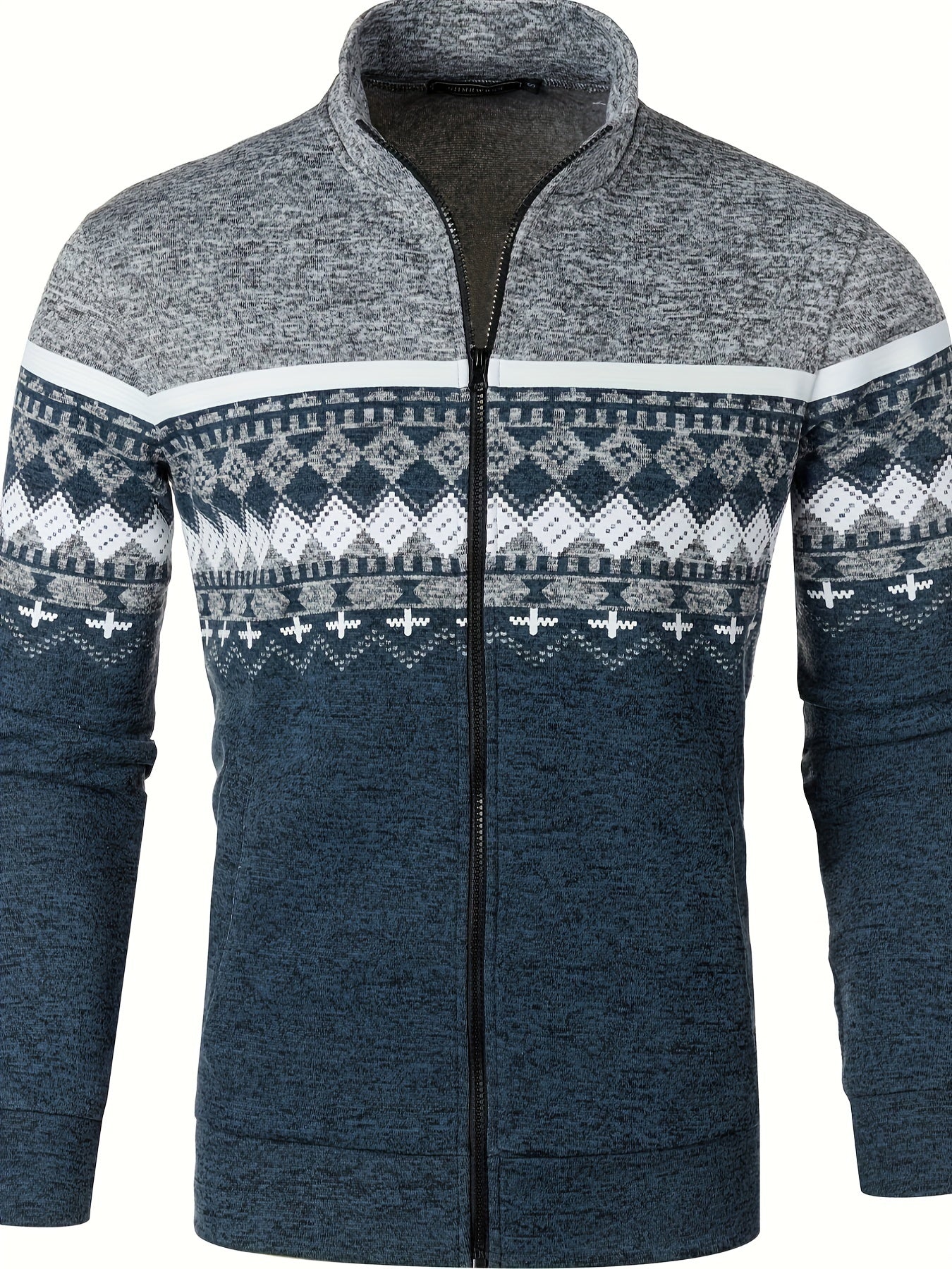 Giacca invernale uomo, zip frontale, motivo nordico, colori grigio e blu, tessuto caldo e morbido, ideale per moda casual e outdoor.