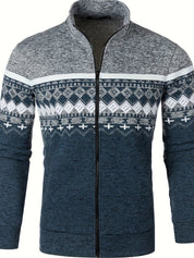Giacca invernale uomo, zip frontale, motivo nordico, colori grigio e blu, tessuto caldo e morbido, ideale per moda casual e outdoor.