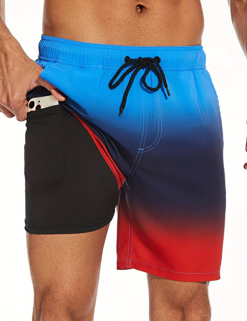 Pantaloncini da bagno uomo blu e rosso con tasca interna, cordoncino nero, design sfumato, perfetti per nuoto e spiaggia.