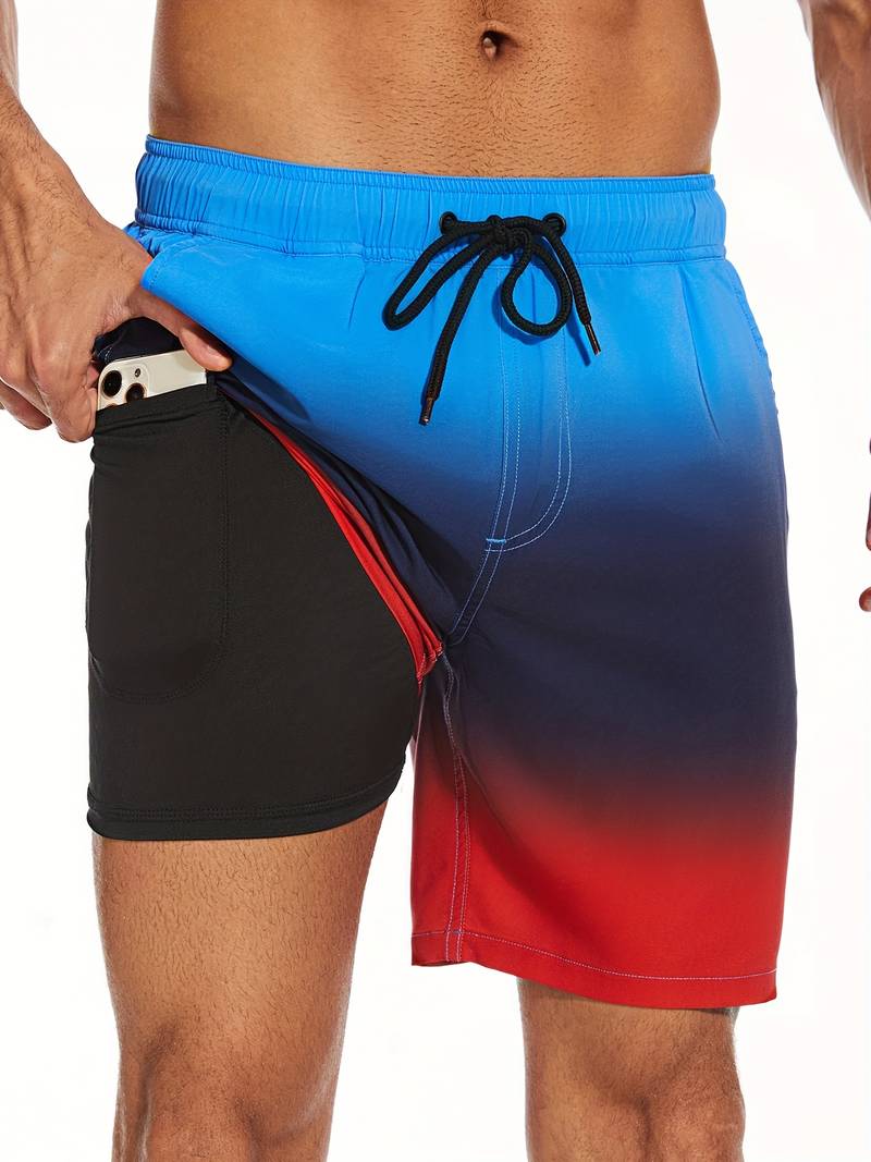 Pantaloncini da bagno uomo blu e rosso con tasca interna, cordoncino nero, design sfumato, perfetti per nuoto e spiaggia.