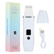 Dispositivo scrubber per la pelle bianco con scatola, cavo USB e cappuccio. Strumento per pulizia viso, esfoliazione e cura della pelle.