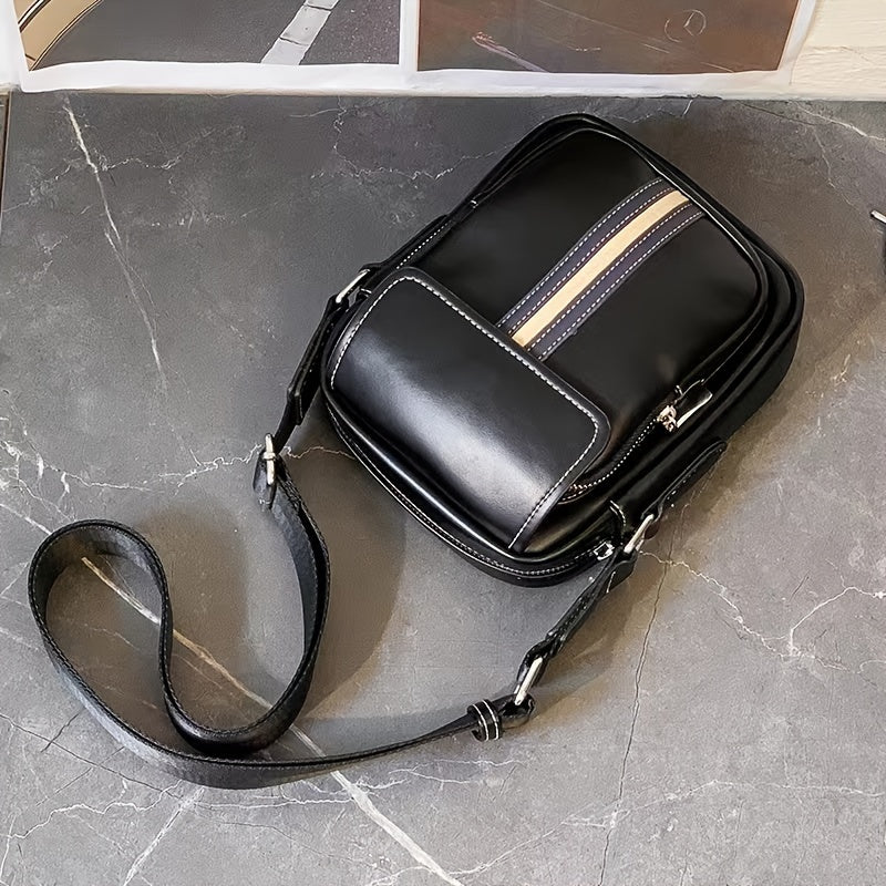 Borsa a tracolla in pelle nera con strisce decorative beige e blu, design elegante, ideale per uomo, accessorio moda, stile casual.