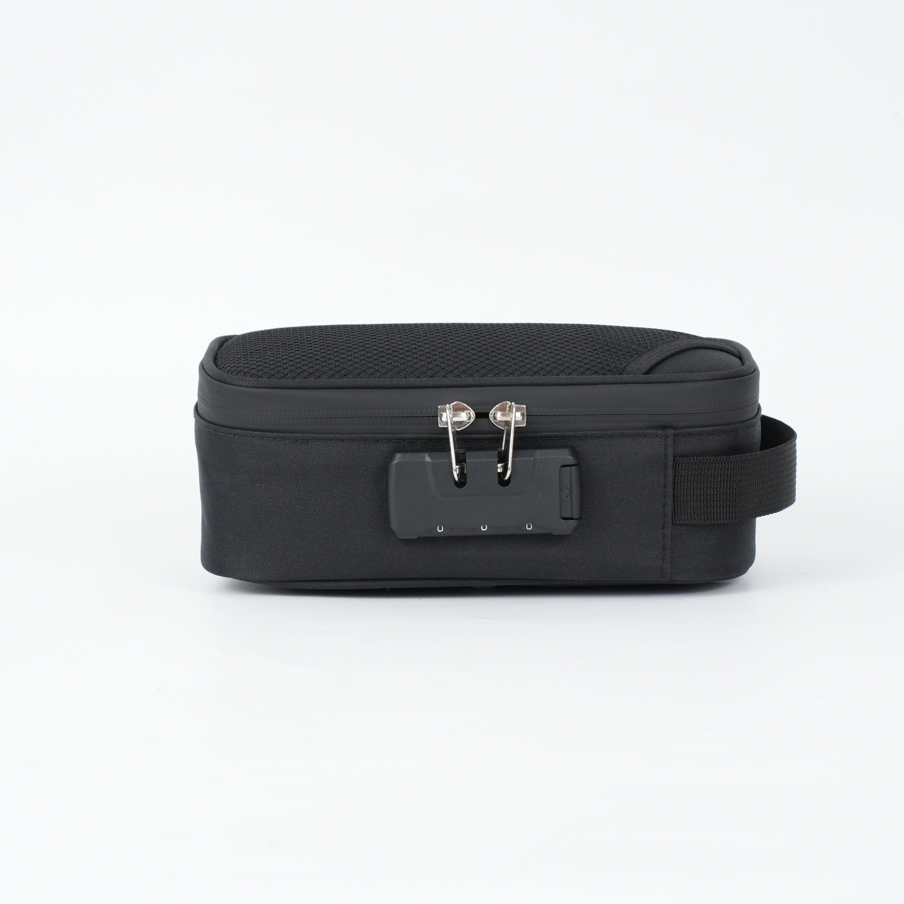 Custodia nera con chiusura a combinazione, design compatto e maniglia laterale. Ideale per viaggi, sicurezza e organizzazione.