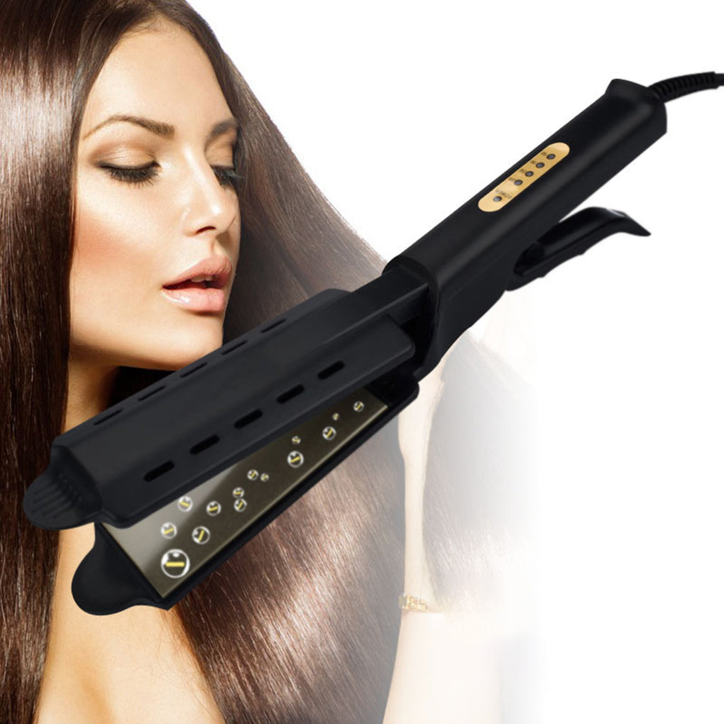 Piastra per capelli nera con rivestimento in ceramica, design ergonomico, controllo della temperatura, ideale per lisciare e acconciare capelli lunghi.