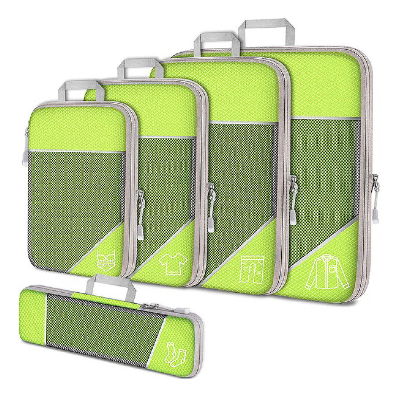 Set di organizer da viaggio verde, 5 pezzi con cerniera, per valigia. Include borse per vestiti, pantaloni, camicie e accessori.