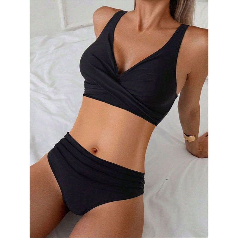 Bikiniset a due pezzi estivo da donna con v-top profondo e vita alta