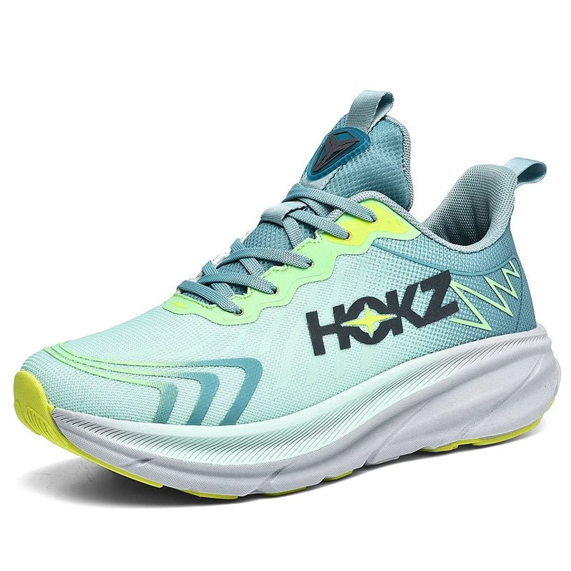 Scarpa da corsa sportiva verde acqua e gialla, suola ammortizzata, logo laterale, design moderno, ideale per jogging e attività sportive.