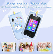 Fotocamera giocattolo per bambini a forma di unicorno, doppia lente HD, adesivi colorati, design divertente, ideale per regali e attività creative.