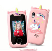Custodia per telefono rosa a forma di unicorno con decorazioni arcobaleno e stella, adatta per bambini. Include laccetto e fotocamera integrata.