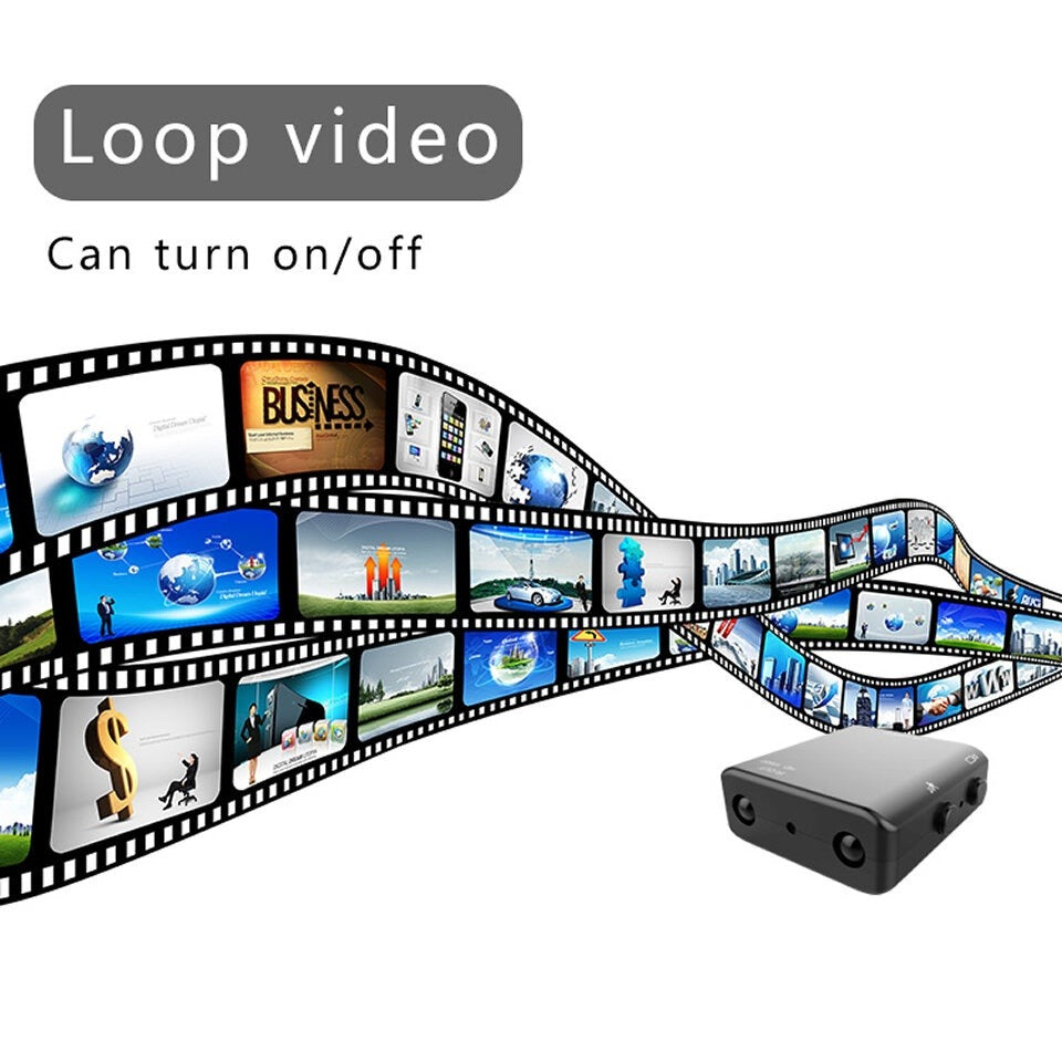 Proiettore multimediale portatile con funzione loop video, immagini di business e tecnologia su pellicola. Dispositivo compatto, attivazione on/off.