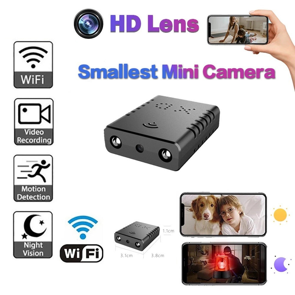 Mini telecamera WiFi HD con obiettivo, rilevamento movimento, visione notturna. Ideale per sorveglianza domestica e registrazione video.