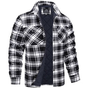 Camicia a quadri bianco e nero da uomo, foderata, con tasche frontali, ideale per l'inverno. Stile casual, tessuto caldo e confortevole.