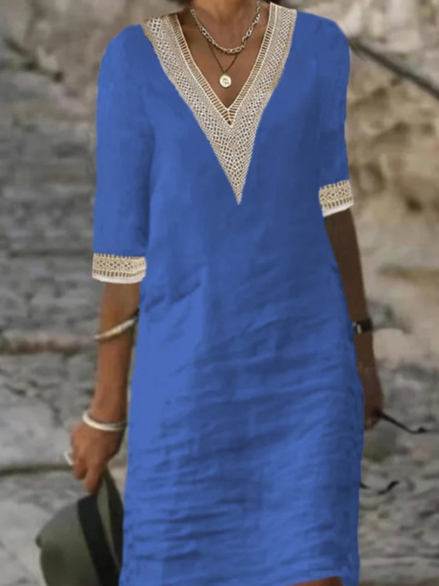 Abito estivo donna blu con scollo a V in pizzo, maniche a tre quarti, stile casual elegante, perfetto per moda estiva e look quotidiano.