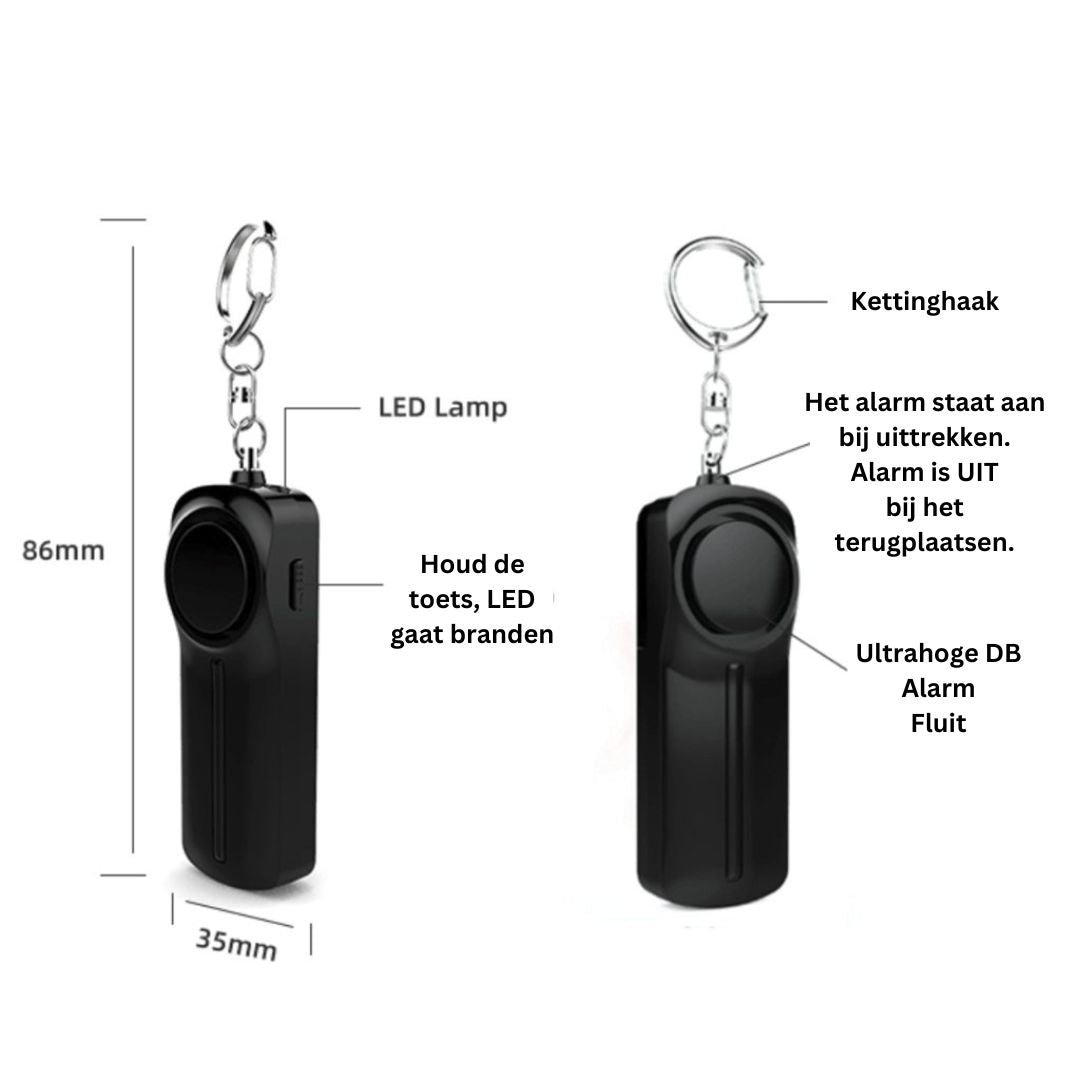 Portachiavi allarme personale nero con sirena ad alta decibel, luce LED, gancio per chiavi, dimensioni 86x35mm, istruzioni in olandese.