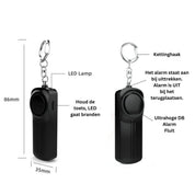 Portachiavi allarme personale nero con sirena ad alta decibel, luce LED, gancio per chiavi, dimensioni 86x35mm, istruzioni in olandese.