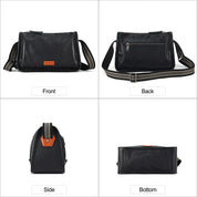 Borsa a tracolla in pelle nera, vista frontale, posteriore, laterale e inferiore. Design elegante, cerniera posteriore, tracolla regolabile.