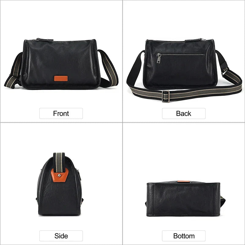Borsa a tracolla in pelle nera, vista frontale, posteriore, laterale e inferiore. Design elegante, cerniera posteriore, tracolla regolabile.