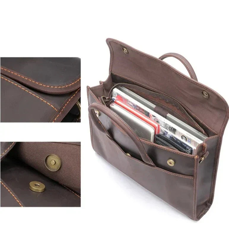 Borsa a tracolla in pelle marrone con scomparti multipli, chiusura a bottone, ideale per laptop e documenti. Design elegante e funzionale.