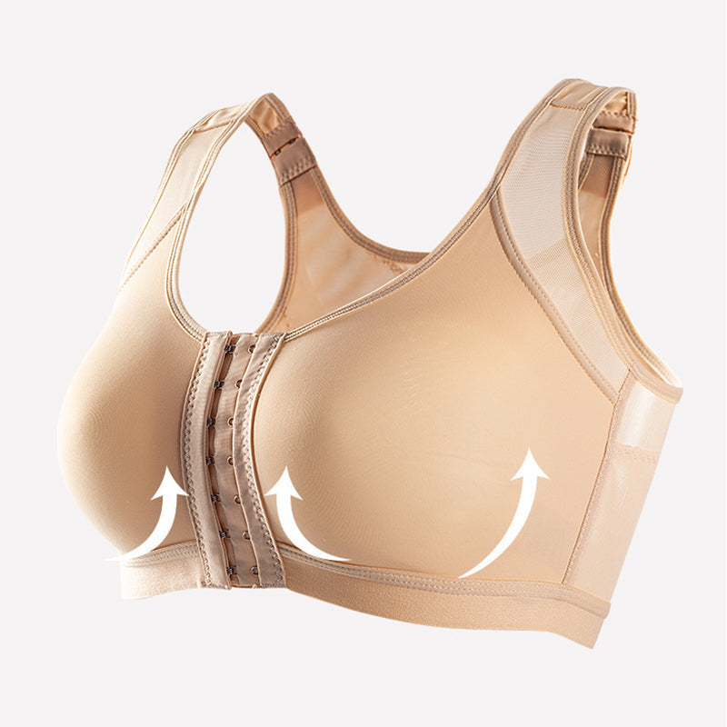 Reggiseno sportivo beige con chiusura frontale, supporto rinforzato e design traspirante. Ideale per attività fisica e comfort quotidiano.