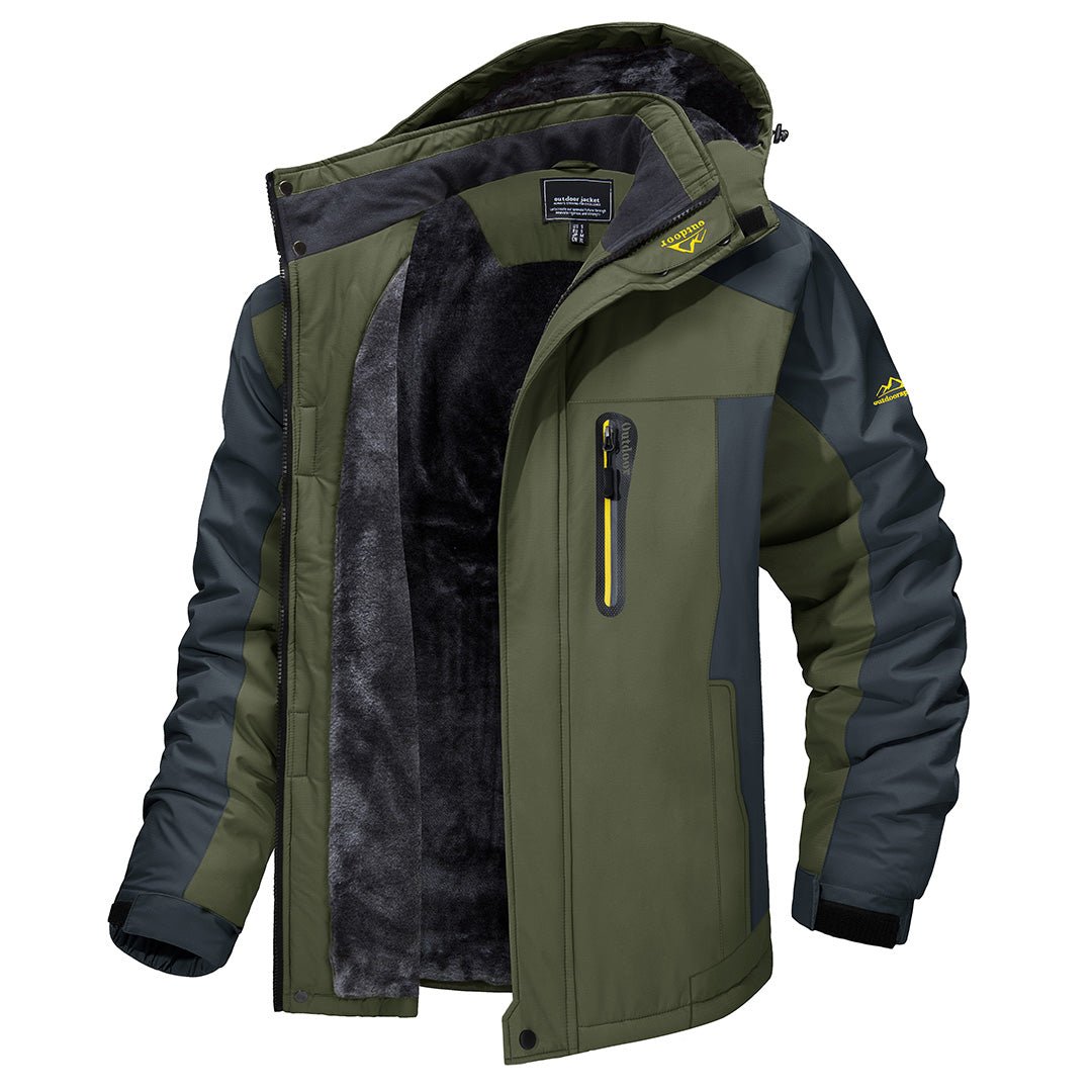 Giacca invernale da uomo verde e grigia, impermeabile, con cappuccio e fodera in pile. Ideale per escursioni e attività outdoor.