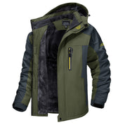 Giacca invernale da uomo verde e grigia, impermeabile, con cappuccio e fodera in pile. Ideale per escursioni e attività outdoor.