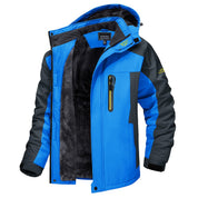 Giacca invernale da uomo blu e nera, impermeabile, con cappuccio e fodera in pile. Ideale per escursioni e sport all'aperto.