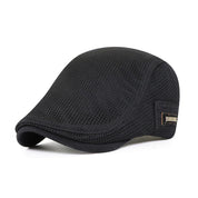 Cappello piatto uomo nero, stile berretto da golf, tessuto a rete traspirante, elegante e casual, ideale per tutte le stagioni.