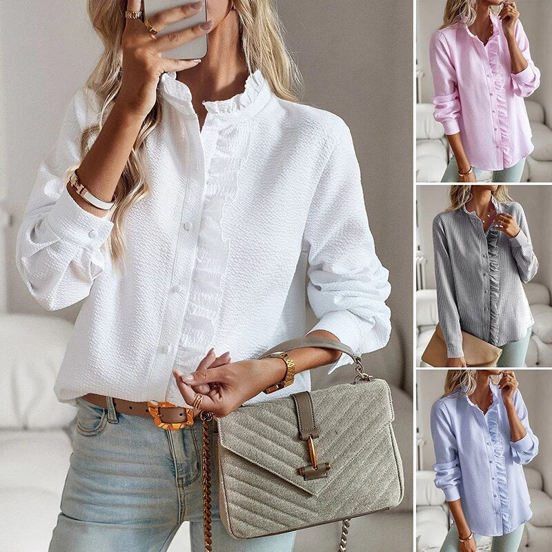 Camicia da donna elegante in cotone, disponibile in bianco, rosa, grigio e blu. Design con colletto arricciato, ideale per look casual e formali.