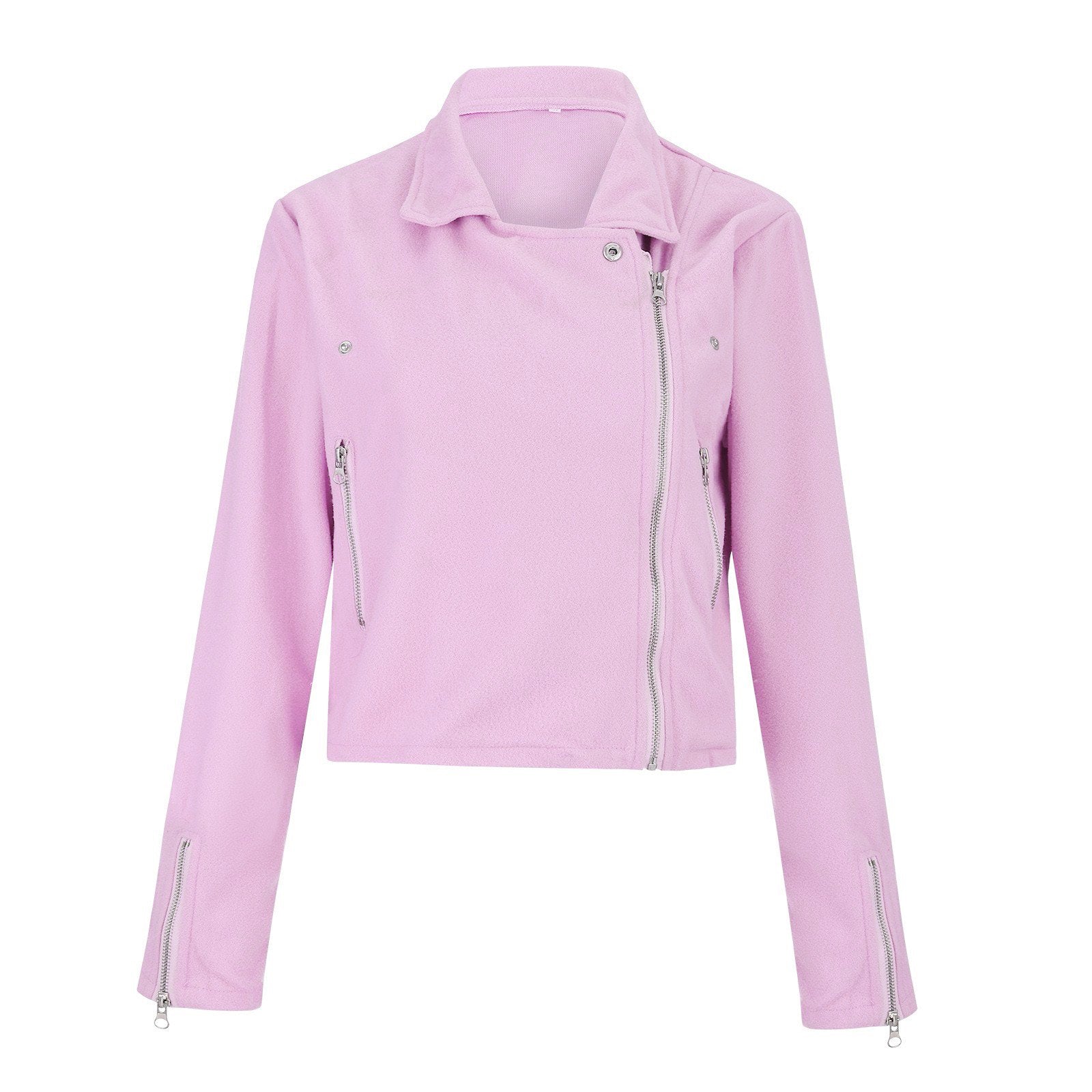 Giacca biker donna rosa pastello, zip asimmetrica, maniche lunghe, stile casual, moda femminile, abbigliamento trendy, tessuto leggero.